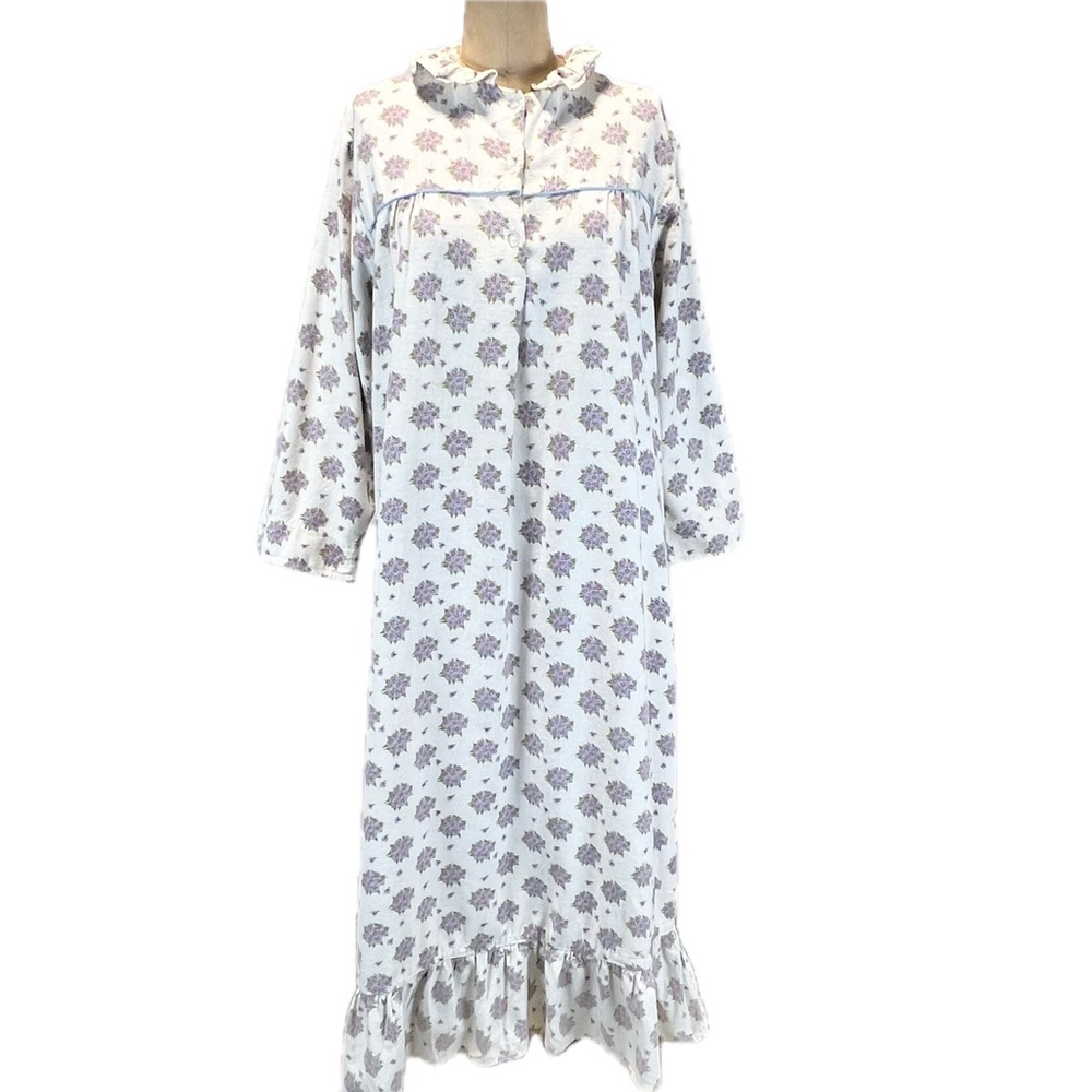 VINTAGE floral flannel brushed cotton floral nightgown‎ ruffle maxi long sleeve - Picture 3 of 16